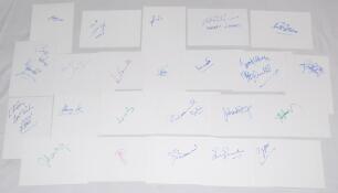 India Test cricketers 1960s-2010s. Twenty three signatures of players, odd manager and Pakistan player, each signed individually to plain white card. India players’ signatures include Gavaskar, Tendulkar, Engineer, Mhambrey, Kambli, Kuruvilla, Ganguly, Ku