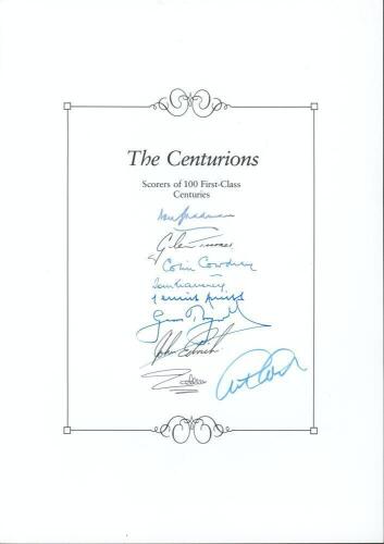 ‘The Centurions- Scorers of 100 First-Class Centuries’. Headed book insert by Boundary Books containing the signatures of nine players who have achieved the feat. Signatures, nicely signed in ink, by Don Bradman, Glenn Turner, Colin Cowdrey, Tom Graveney,