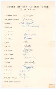 South Africa tour to England 1955. Large official autograph sheet with printed title and players’ names, fully and very nicely signed in ink by seventeen members of the South Africa touring party including all sixteen listed players. Signatures are Cheeth