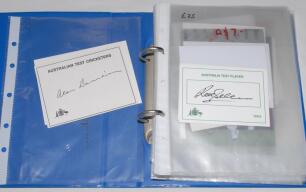 Australia Test cricketers’ signatures 1950s onwards. Album comprising fifty individual signatures on ‘Australia Test Player’ white cards, cuttings, photographs etc. Earlier signatures include Alan Davidson, Rex Sellers, Bob Simpson, Frank Misson, Brian Bo