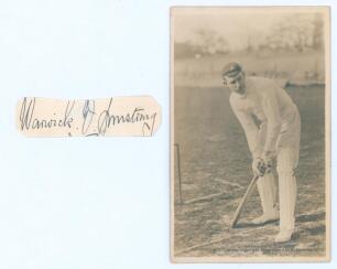 Warwick Windridge Armstrong. Victoria & Australia 1898-1922. Signature ink of Armstrong on heavily trimmed piece with tear affecting an otherwise very nice signature. Sold with an original sepia postcard of Armstrong in batting pose at the crease, wearing