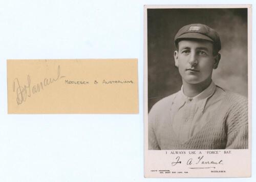Frank Alfred Tarrant. Victoria, Middlesex, Europeans & Patiala 1898-1937. Nice signature in pencil of Tarrant on small page. Sold with a &lsquo;Force Bat Series&rsquo; mono real photograph postcard of Tarrant, head and shoulders wearing Middlesex cap, facsimile signa