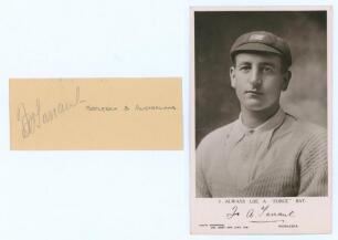 Frank Alfred Tarrant. Victoria, Middlesex, Europeans & Patiala 1898-1937. Nice signature in pencil of Tarrant on small page. Sold with a ‘Force Bat Series’ mono real photograph postcard of Tarrant, head and shoulders wearing Middlesex cap, facsimile signa