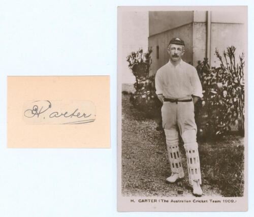 Hanson &lsquo;Sammy&rsquo; Carter, New South Wales & Australia, 1897-1925. Ink signature of Carter on small narrow tightly trimmed piece laid down to slightly larger card. Sold with an original sepia real photograph postcard of &lsquo;H. Carter (The Australian Cricket Team