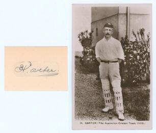 Hanson ‘Sammy’ Carter, New South Wales & Australia, 1897-1925. Ink signature of Carter on small narrow tightly trimmed piece laid down to slightly larger card. Sold with an original sepia real photograph postcard of ‘H. Carter (The Australian Cricket Team