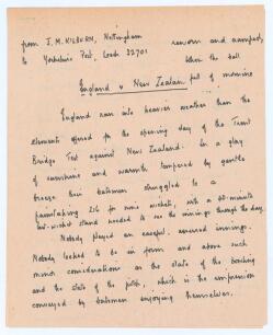 J.M. Kilburn cricket journalist and author. ‘England v New Zealand’. Five page handwritten manuscript for an article written by Kilburn for the Yorkshire Post. The article is undated, but Kilburn is reporting on the first day’s play in the 1st Test, Engla