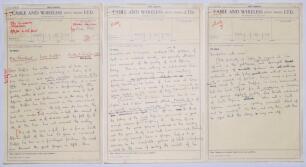 Alan Ross, cricket writer, poet and publisher. ‘Play Abandoned’ by Louis Duffus. Three page article by Ross for ‘The Cricketer March [1970?]’ book review column on Duffus’ recently published autobiography, handwritten in ink on Cable and Wireless (West In