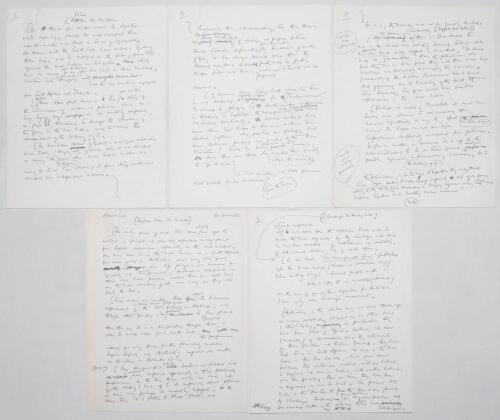 E.W. Swanton. Original five page manuscript handwritten in ink by Swanton for an editorial article for ‘The Cricketer’, undated but written during the M.C.C. tour to Australia in 1970/71 prior to the 1st Ashes Test of the series. The first two pages, titl