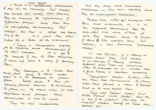 Richie Benaud. Two page article handwritten in ink by Benaud on the dominance of the West Indies in Test cricket. The article is undated, but would probably have been written in the late 1970s/ early 1980s. Benaud opens by saying ‘I think it is absolutely