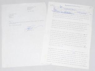 Richard Hadlee. Two page typescript of an article by Hadlee with accompanying covering letter to P.B.L. Marketing in Sydney, dated 13th May 1980, both the letter and the article signed in ink by Hadlee. The article, with alterations and additions in Hadle