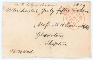 William Ward. Surrey, Hampshire & M.C.C. 1810-1845. Signed free-front envelope to a Miss Roundhill of Gledstone, dated and sent from ‘Winchester, July sixteen 1829’. Nicely signed ‘W. Ward’ in black ink to lower left corner. A rare early signature of Ward