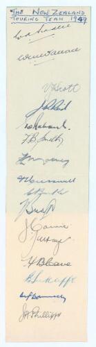 New Zealand tour to England 1949. Vertical paper strip nicely signed in ink by all sixteen members of the touring party to England including the manager Phillips. Players’ signatures are Hadlee (Captain), Wallace, Scott, Reid, Rabone, Smith, Mooney, Cress