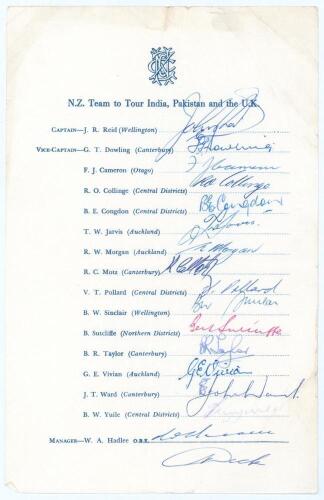 New Zealand tour to India, Pakistan & England 1965. Rarer official autograph sheet with printed title and players’ names, fully and nicely signed in ink by all sixteen of the listed members of the New Zealand touring party and one other. Signatures are Re