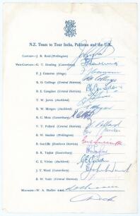 New Zealand tour to India, Pakistan & England 1965. Rarer official autograph sheet with printed title and players’ names, fully and nicely signed in ink by all sixteen of the listed members of the New Zealand touring party and one other. Signatures are Re