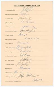 New Zealand tour to England 1958. Large official autograph sheet with printed title and players’ names, fully and nicely signed in ink by all eighteen of the listed members of the New Zealand touring party. Signatures are Reid (Captain), Cave, Alabaster, 