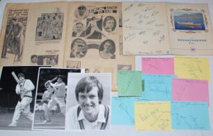 Cricket ephemera. Box comprising a mixture of autographs, scorecards, programmes, magazines, scrapbook, books etc., the majority modern, some earlier. Includes approx. thirty signatures signed to album pages back to back, of cricketers and other sports, t