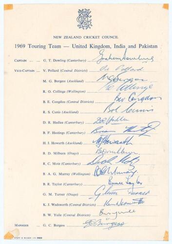 New Zealand tour to England, India and Pakistan 1969. Official New Zealand Cricket Council autograph sheet signed by all seventeen members of the touring party. Signatures are Dowling (Captain), Pollard, Burgess, Collinge, Congdon, Cunis, D. Hadlee, Hasti