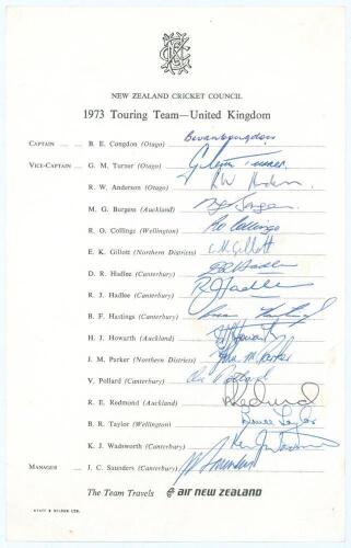 New Zealand tour to England 1973. Official New Zealand Cricket Council autograph sheet nicely signed in ink by all sixteen members of the New Zealand touring party. Signatures are Congdon (Captain), Turner, Burgess, Collinge, Gillott, D. Hadlee, R. Hadlee