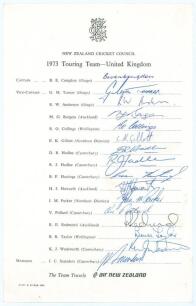 New Zealand tour to England 1973. Official New Zealand Cricket Council autograph sheet nicely signed in ink by all sixteen members of the New Zealand touring party. Signatures are Congdon (Captain), Turner, Burgess, Collinge, Gillott, D. Hadlee, R. Hadlee