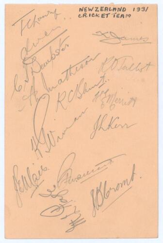 New Zealand tour to England 1931. Album page fully signed in pencil by the fourteen members of the New Zealand touring party. Signatures are Lowry (Captain), Weir, Dempster, James, Matheson, Talbot, Blunt, Merritt, Vivian, Kerr, Mills, Merritt, Page and C