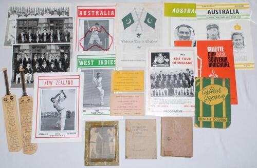 Cricket ephemera 1922-1970. An eclectic selection of ephemera with the odd signature. Contents include three small cricket score books from the 1960s, one signed to the front and rear wrappers by Mushtaq Mohammad of Pakistan, also Fred Titmus of England t