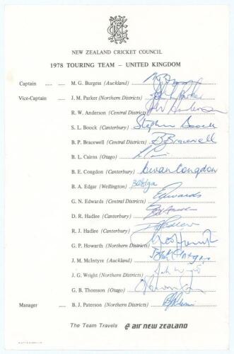 New Zealand tour to England 1978. Official New Zealand Cricket Council autograph sheet nicely signed in ink by all sixteen members of the New Zealand touring party. Signatures are Burgess (Captain), Parker, Anderson, Boock, Bracewell, Cairns, Congdon, Edg