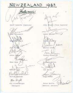 New Zealand tour to England 1983. Unofficial autograph sheet fully signed in ink by all eighteen listed members of the New Zealand touring party and an official scorecard for the 2nd Test, England v New Zealand, Headingley 28th July- 2nd August 1983, sign