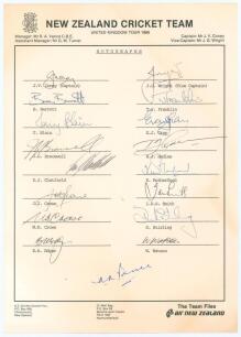 New Zealand tour to England 1986. Official New Zealand Cricket Council autograph sheet fully signed in ink by all sixteen playing members of the New Zealand touring party and the manager, Vance. Players’ signatures are Coney (Captain), Wright, Barrett, Bl