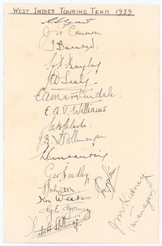 West Indies tour to England 1939. Album page very nicely signed in black ink by all seventeen members of the West Indies touring party. Signatures are Grant (Captain), Cameron, Barrow, Bayley, Sealy, Martindale, Williams, Clarke, J. Stollmeyer, Constantin