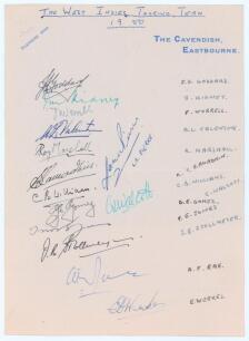 West Indies tour of England 1950. ‘The Cavendish, Eastbourne’ headed paper nicely signed in different coloured inks by fourteen members of the West Indies touring party including the Manager J.M. Kidney. Players’ signatures, with names annotated in ink to