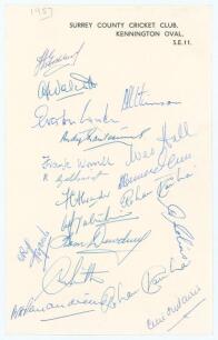 West Indies tour of England 1957. Official Surrey C.C.C. letterhead nicely and fully signed by the seventeen playing members of the West Indian touring party, and one of the joint managers, de Caires. Players’ signatures are Goddard (Captain), Walcott, At