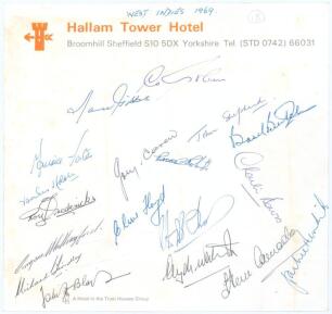 West Indies tour of England 1969. ‘Hallam Tower Hotel’ Sheffield letterhead nicely signed in ink by eighteen members of the West Indian touring party. Fully signed by the players, signatures are Sobers (Captain), Gibbs, Foster, Holder, Fredericks, Shillin