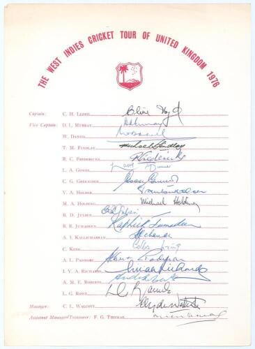 West Indies tour to England 1976. Official autograph sheet fully signed in ink by all nineteen members of the touring party. Players’ signatures are Lloyd (Captain), Murray, Daniel, Findlay, Fredericks, Gomes, Greenidge, Holder, Holding, Julien, Jumadeen,