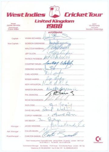 West Indies tour of England 1988. Rarer official autograph sheet fully signed in ink by the twenty members of the touring party. Players’ signatures are Richards (Captain), Greenidge, Marshall, Dujon, Paterson, Walsh, Haynes, Hooper, Harper, Arthurton, Be