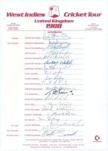 West Indies tour of England 1988. Rarer official autograph sheet fully signed in ink by the twenty members of the touring party. Players’ signatures are Richards (Captain), Greenidge, Marshall, Dujon, Paterson, Walsh, Haynes, Hooper, Harper, Arthurton, Be