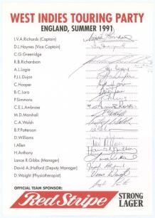 West Indies tour of England 1991. Rarer official autograph sheet signed in ink by nineteen members of the touring party. Players’ signatures are Richards (Captain), Haynes, Richardson, Logie, Dujon, Hooper, Lara, Simmons, Ambrose, Marshall, Walsh, Patters