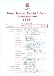 West Indies tour to England 1995. Official autograph sheet with printed title and players’ names, fully signed in ink by the twenty listed members of the West Indies touring party and one other. Signatures of listed tour members are Richardson (Captain), 