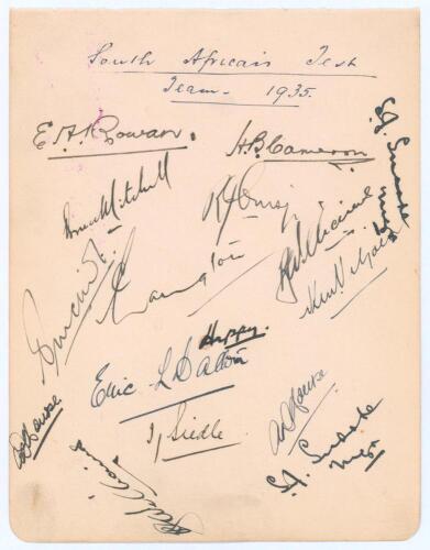 South African tour of England 1935. Album page very nicely signed in ink by twelve members of the touring party. Players’ signatures are Rowan, Cameron, Mitchell, Crisp, Vincent, Langton, Williams (signed twice), Viljoen, Dalton, Nourse (twice) and Siedle