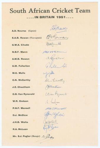 South Africa tour to England 1951. Large official autograph sheet with printed title and players’ names, fully and very nicely signed in ink by all sixteen members of the South Africa touring party. Players’ signatures are Nourse (Captain), E. Rowan, Chub