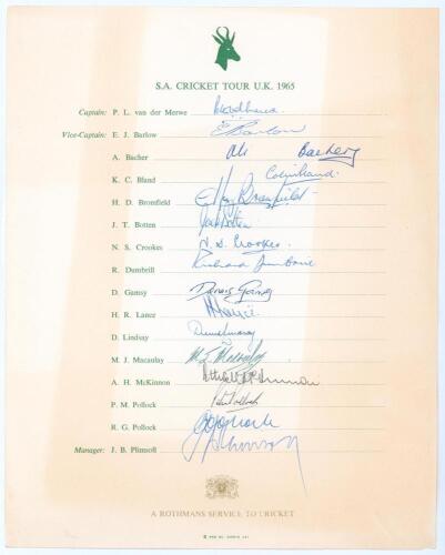 South Africa tour of England 1965. Official autograph sheet fully signed in ink by all sixteen members of the South Africa touring party. Signatures are van der Merwe (Captain), Barlow, Bacher, Bland, Bromfield, Botten, Crookes, Dumbrill, Gamsy, Lance, Li