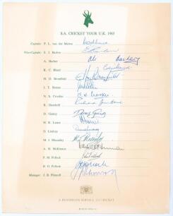 South Africa tour of England 1965. Official autograph sheet fully signed in ink by all sixteen members of the South Africa touring party. Signatures are van der Merwe (Captain), Barlow, Bacher, Bland, Bromfield, Botten, Crookes, Dumbrill, Gamsy, Lance, Li