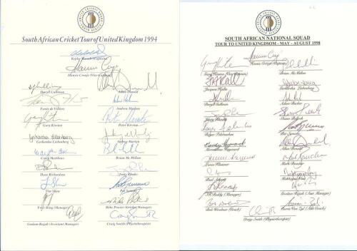 South Africa tours to England 1994 & 1998. Two official South Africa United Cricket Board autograph sheets with printed titles and players’ names, both nicely and fully signed by the listed members of the of the South African touring parties. Players’ sig