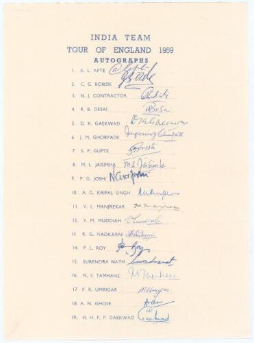 ‘India Team Tour of England 1959’. Official autograph sheet with printed title and players’ names. Fully and nicely signed in ink by all nineteen listed members of the India touring party. Signatures are Apte, Borde, Contractor, Desai, D.K. Gaekwad, Ghorp