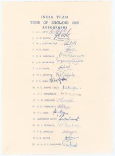 ‘India Team Tour of England 1959’. Official autograph sheet with printed title and players’ names. Fully and nicely signed in ink by all nineteen listed members of the India touring party. Signatures are Apte, Borde, Contractor, Desai, D.K. Gaekwad, Ghorp