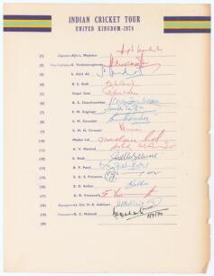 India tour of England 1974. Official autograph sheet with printed title and players’ names, nicely and fully signed in different coloured inks by all eighteen listed members of the touring party. Players’ signatures are Wadekar (Captain), Venkataraghavan,