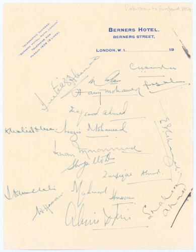 Pakistan first tour to England 1954. &lsquo;Berners Hotel&rsquo; London headed note paper page nicely signed in ink by seventeen members of the Pakistan touring party. Signatures include Imtiaz Ahmed, Hanif Mohammad, Fazal Mahmood, Maqsood Ahmed, Khalid Hassan, Wazir