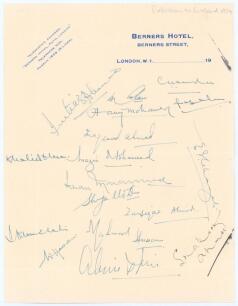 Pakistan first tour to England 1954. ‘Berners Hotel’ London headed note paper page nicely signed in ink by seventeen members of the Pakistan touring party. Signatures include Imtiaz Ahmed, Hanif Mohammad, Fazal Mahmood, Maqsood Ahmed, Khalid Hassan, Wazir