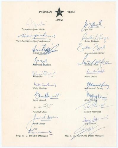 Pakistan tour of England 1962. Official autograph sheet with printed title and players&rsquo; names, nicely and fully signed in ink by all twenty members of the touring party. Players&rsquo; signatures are Burki (Captain), Hanif Mohammad, Imtiaz Ahmed, Fazal Mahmood,