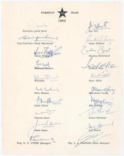 Pakistan tour of England 1962. Official autograph sheet with printed title and players’ names, nicely and fully signed in ink by all twenty members of the touring party. Players’ signatures are Burki (Captain), Hanif Mohammad, Imtiaz Ahmed, Fazal Mahmood,