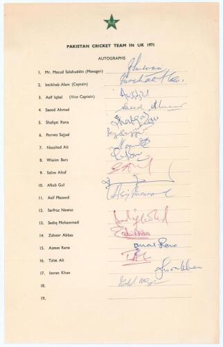 Pakistan tour to England 1971. Scarce large official autograph sheet with printed title and players’ names, signed in different coloured inks by seventeen members of the touring party. Players’ signatures are Intikhab Alam (Captain), Asif Iqbal, Saeed Ahm